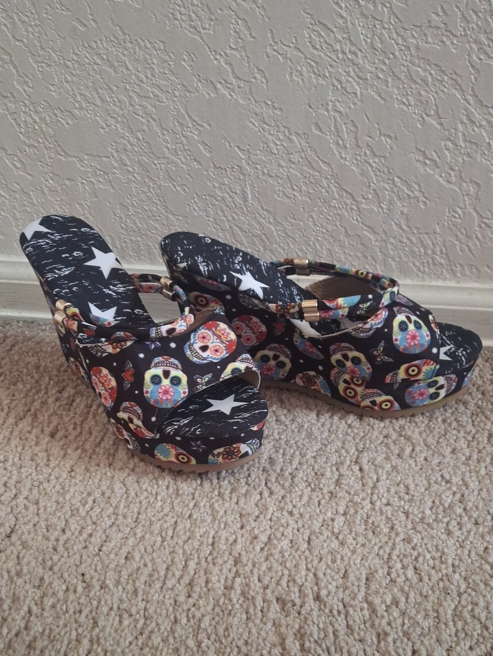Black Sugar Skull Print Platform Sandals
